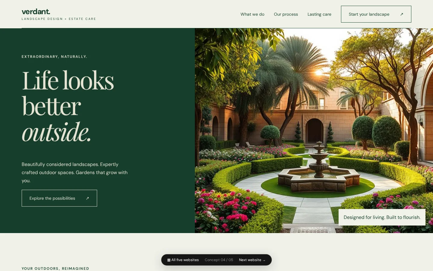 Verdant Estate homepage with its navigation, deep green design, and landscaped garden.
