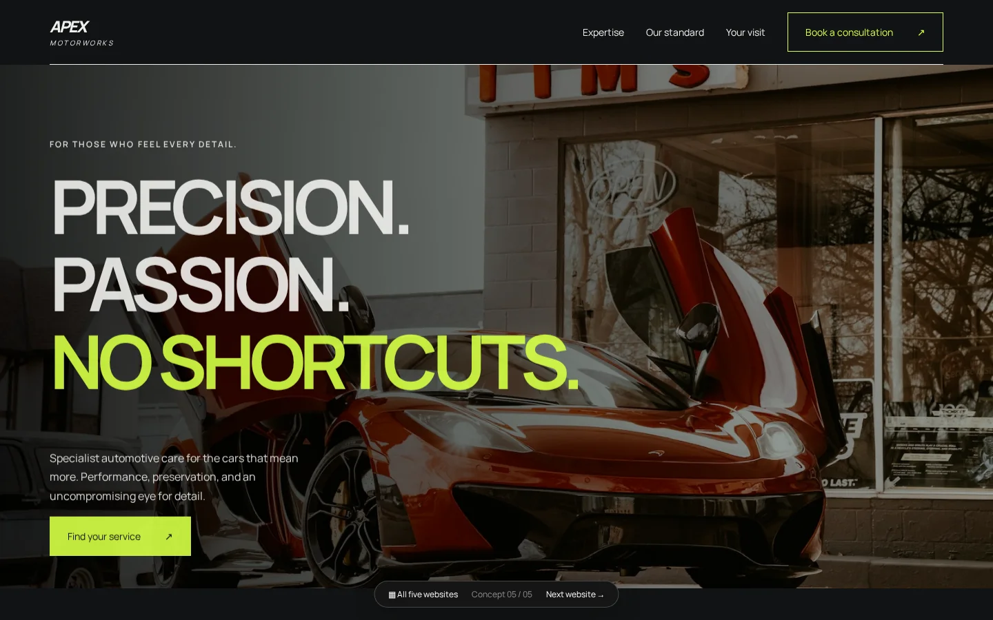 Apex Motorworks homepage with its navigation, dark styling, lime accents, and sports car.