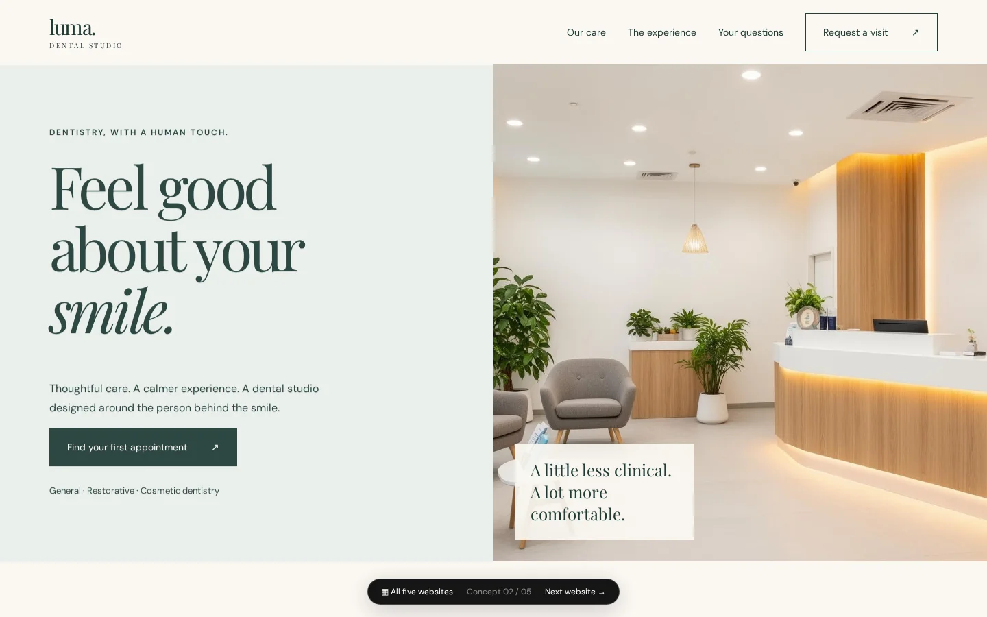 Luma Dental homepage with its navigation, smile-focused headline, and bright dental studio interior.