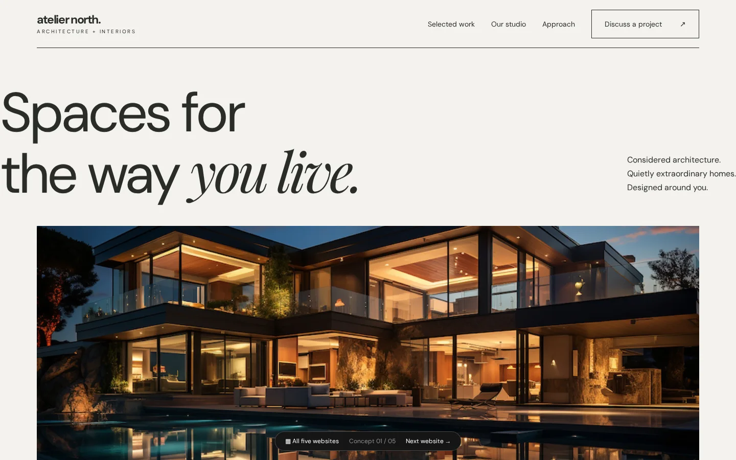 Atelier North homepage with its navigation, large editorial headline, and modern home photography.