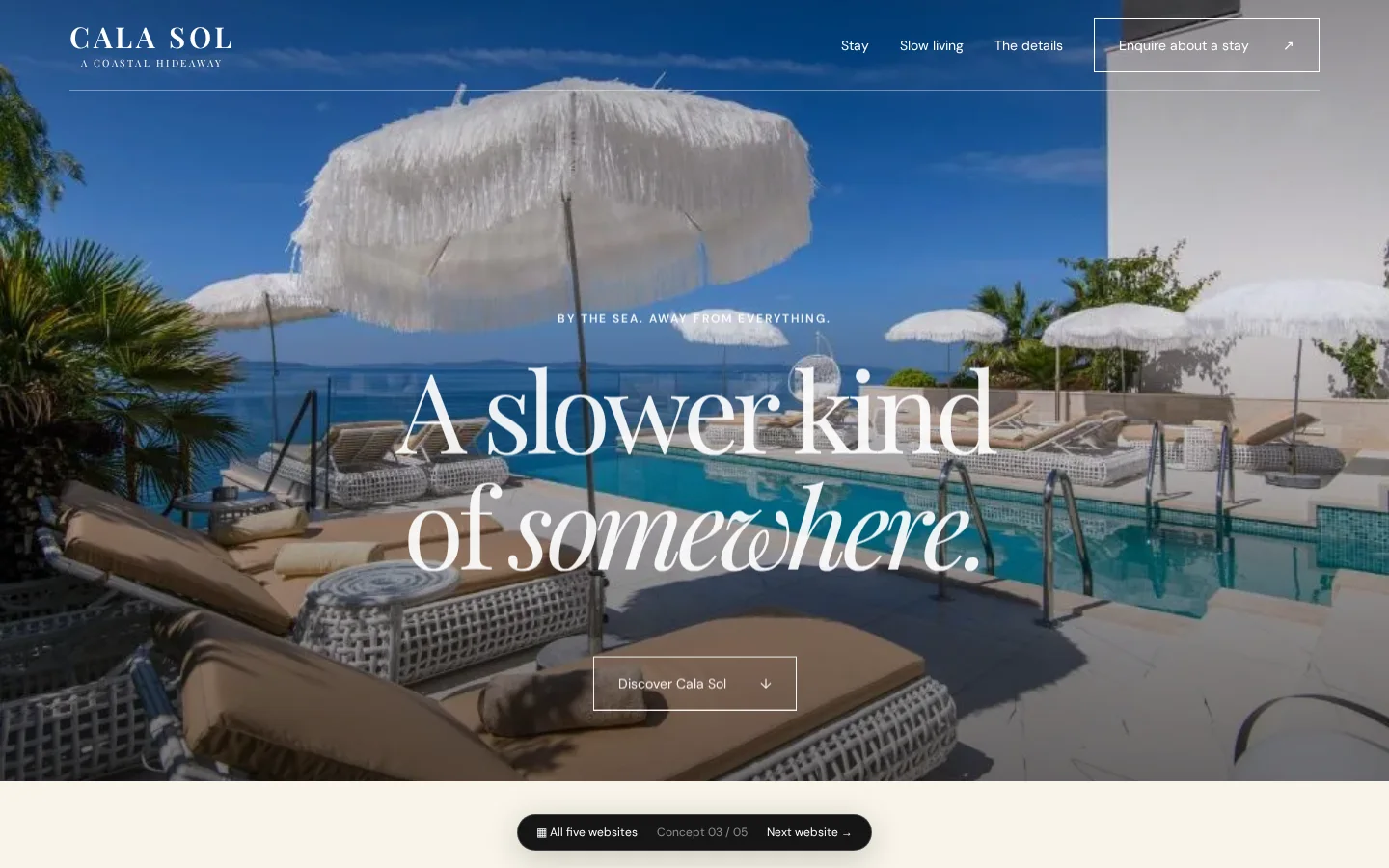 Cala Sol homepage with its navigation, prominent coastal headline, and oceanfront pool.