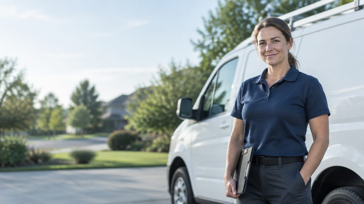 A local HVAC business owner standing beside her service van in a suburban driveway.