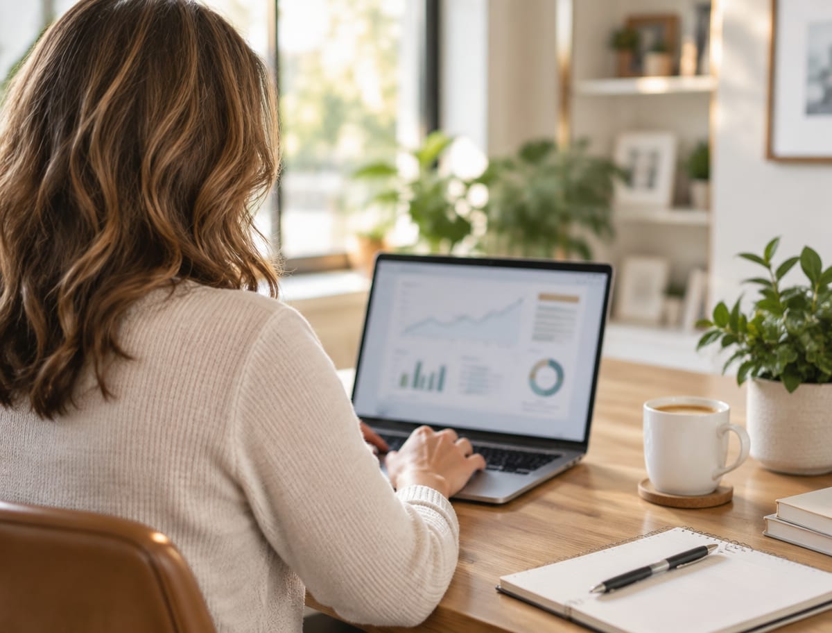 A local business owner reviewing business information on a laptop in a bright office.